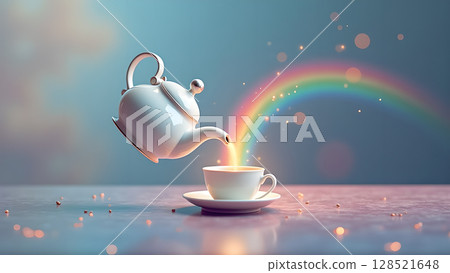 Whimsical tea time concept featuring a teapot pouring a rainbow into a cup creating magical realism, showcasing the charm of surrealism and enchantment Whimsical tea time concept featuring a teapot pouring a rainbow into a cup creating magical realism, showcasing the charm of surrealism and enchantment 128521648