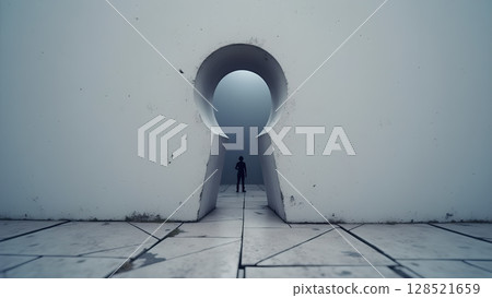 A lone figure stands before a giant keyhole doorway a journey of discovery through surreal architecture exploring unknown realms and the mysteries it may bring forth 128521659