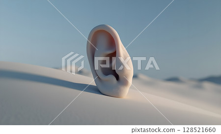 Surreal auditory landscape featuring a human ear standing prominently in a vast white desert against a pale blue sky representing sensory perception 128521660