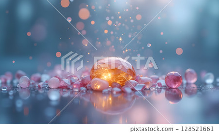 Enchanting gem amidst ethereal particles casting a soft golden glow with smooth reflective surfaces and a magical bokeh background creating a dreamlike ambiance 128521661