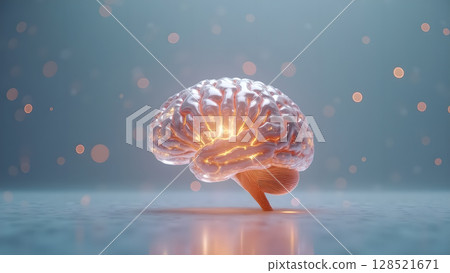 Illuminating intelligence: A mesmerizing 3D rendering of a human brain showcasing cognitive brilliance and neurological pathways enhanced with ethereal glowing particles surrounding it Illuminating intelligence: A mesmerizing 3D rendering of a human brain showcasing cognitive brilliance and neurological pathways enhanced with ethereal glowing particles surrounding it 128521671