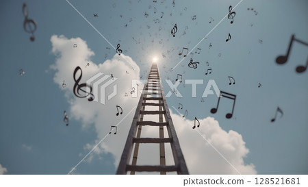 Stairway to Musical Heaven: A Conceptual Image Featuring a Ladder Reaching Towards a Bright Light Surrounded by Floating Musical Notes Against a Sky Backdrop Stairway to Musical Heaven: A Conceptual Image Featuring a Ladder Reaching Towards a Bright Light Surrounded by Floating Musical Notes Against a Sky Backdrop 128521681