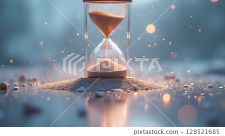 Elegant hourglass with sand falling, reflecting time's passage on a serene surface, capturing the delicate balance between fleeting moments and enduring presence 128521685