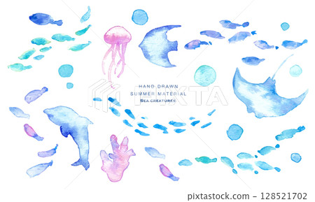 水彩畫。水彩海洋生物框架。夏季生物向量插圖。海洋。假期。水下框架背景。 128521702