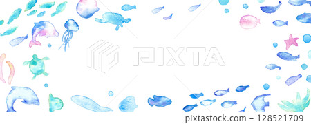 水彩畫。水彩海洋生物框架。夏季生物向量插圖。海洋。假期。水下框架背景。 128521709