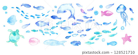 水彩畫。水彩海洋生物框架。夏季生物向量插圖。海洋。假期。水下框架背景。 128521710