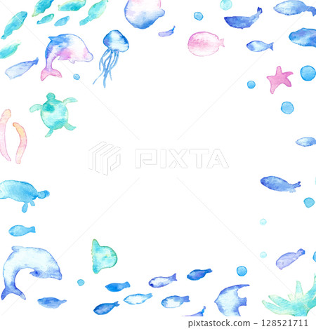 水彩畫。水彩海洋生物框架。夏季生物向量插圖。海洋。假期。水下框架背景。 128521711