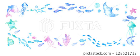 Watercolor painting. Watercolor sea creatures frame. Summer creatures vector illustration. Ocean. Vacation. Underwater frame background. 128521712