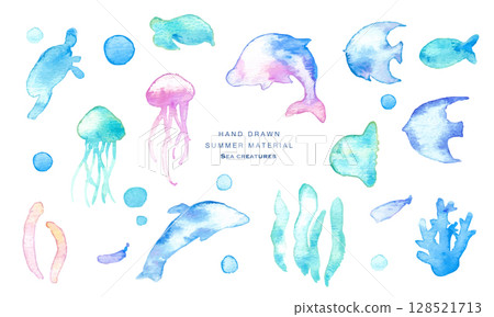水彩畫。水彩海洋生物框架。夏季生物向量插圖。海洋。假期。水下框架背景。 128521713