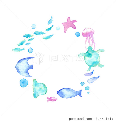 水彩畫。水彩海洋生物框架。夏季生物向量插圖。海洋。假期。水下框架背景。 水彩畫。水彩海洋生物框架。夏季生物向量插圖。海洋。假期。水下框架背景。 128521715