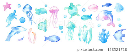 水彩畫。水彩海洋生物框架。夏季生物向量插圖。海洋。假期。水下框架背景。 128521718