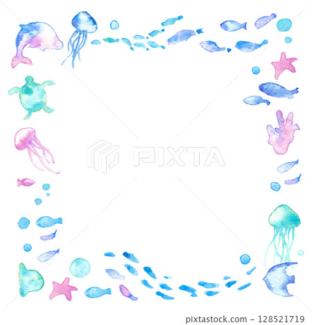 水彩畫。水彩海洋生物框架。夏季生物向量插圖。海洋。假期。水下框架背景。 128521719