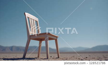 Solitary wooden chair standing alone in desert landscape under a clear blue sky evokes feelings of isolation and introspection suggesting solitude and simplicity 128521786