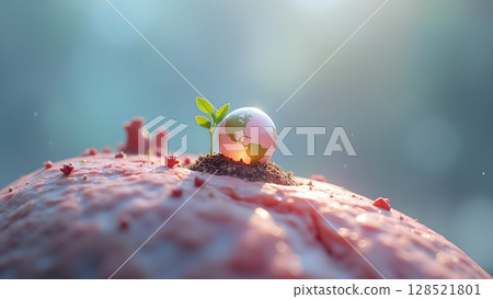 Symbolic representation of life's resilience with a tiny plant sprouting from soil with a globe resting atop depicting environmental sustainability and growth towards a green future Symbolic representation of life's resilience with a tiny plant sprouting from soil with a globe resting atop depicting environmental sustainability and growth towards a green future 128521801