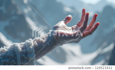 An arm emerges from snow, a human hand reaching towards the blue sky and mountain peaks, conveying feelings of freedom and hope 128521812
