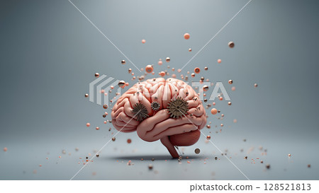 Creative mind conceptual image featuring a human brain augmented with gears and surrounded by floating spheres on a neutral background showing creativity and innovation 128521813