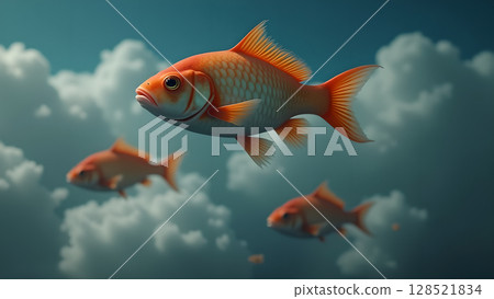 Surreal depiction of goldfish swimming gracefully amidst fluffy white clouds in a serene blue sky bringing a whimsical perspective on wildlife nature and imagination 128521834