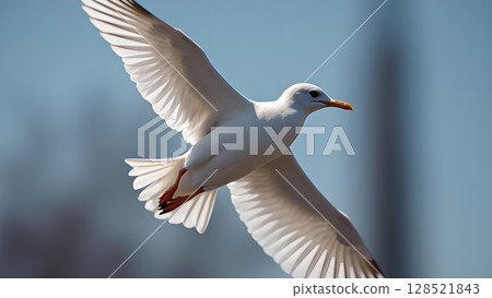 A majestic white seagull soars gracefully through the clear blue sky gracefully against the azure backdrop embodying freedom and serenity in nature 128521843