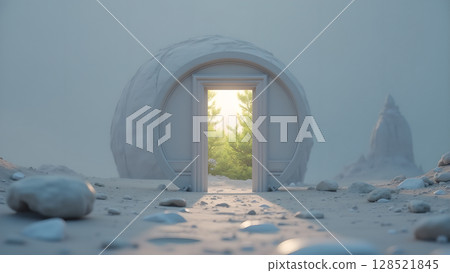 Surreal portal to nature: A doorway to lush green trees in a minimalist dreamscape where reality blends with fantasy and opens the imagination Surreal portal to nature: A doorway to lush green trees in a minimalist dreamscape where reality blends with fantasy and opens the imagination 128521845