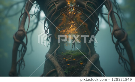 Surreal depiction of nature's embrace where a woman stands within the heart of a giant tree, embodying connection and wonder amid a mystic forest scene 128521849