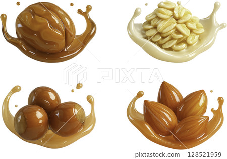 Walnut, almonds, hazelnuts, cereal with creamy milk and caramel splashes 128521959