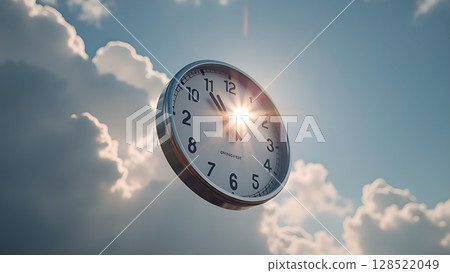 Surreal time concept featuring a clock floating against a vibrant sky filled with white clouds symbolizing timelessness and infinite opportunities against time constraints Surreal time concept featuring a clock floating against a vibrant sky filled with white clouds symbolizing timelessness and infinite opportunities against time constraints 128522049