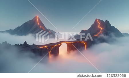 Surreal mountains landscape above the clouds with lava flows and natural bridge illuminated by molten orange light in a fantasy setting 128522066