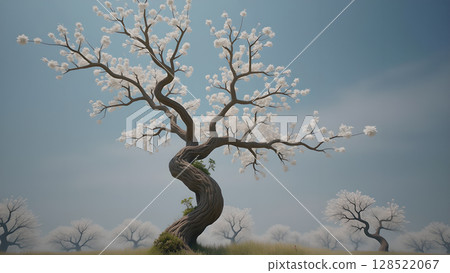 Serene bloom landscape capturing a twisting white flowering tree under a soft blue sky with smaller trees visible in the background evoking tranquility and peace 128522067