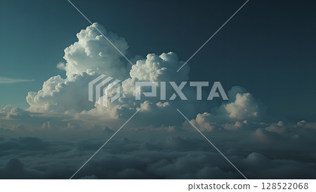Dramatic sky landscape displaying a striking contrast between dense clouds illuminated by soft light and the deep dark blue sky background creating a sense of serenity 128522068