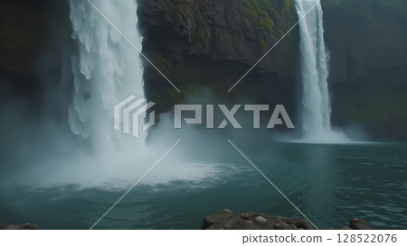 Majestic waterfalls plunging into a serene pool create a breathtaking natural landscape spectacle reflecting peace and power within nature's harmonious embrace for awe inspiration Majestic waterfalls plunging into a serene pool create a breathtaking natural landscape spectacle reflecting peace and power within nature's harmonious embrace for awe inspiration 128522076