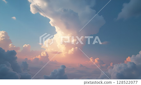 Majestic cloudscape at sunset featuring vibrant pastel colors and soft light creating a serene atmosphere with fluffy cotton like clouds Majestic cloudscape at sunset featuring vibrant pastel colors and soft light creating a serene atmosphere with fluffy cotton like clouds 128522077