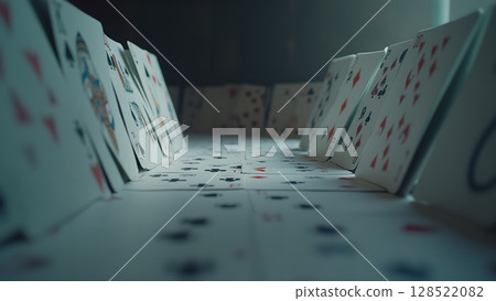 A close up shot of playing cards arranged in an organized fashion standing up creating depth of field and a visual sense of order 128522082