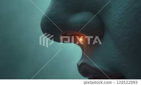 Detailed digital illustration of a human nose with a bright spot indicating potential infection or inflammation or medical procedure, artistic representation of human health Detailed digital illustration of a human nose with a bright spot indicating potential infection or inflammation or medical procedure, artistic representation of human health 128522093