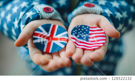 Learning English language. US and UK English flag on children hand. 128522132