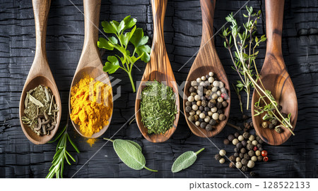 Various herbs and spices in wooden spoons. 128522133