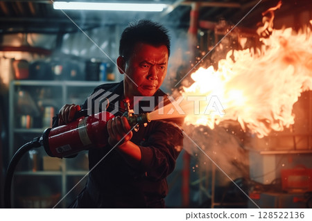 Firefighter using fire extinguisher to control fire. 128522136