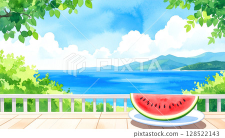 陽台俯瞰大海,漂浮著積雨雲和半紅色西瓜,日本夏季鄉村,水彩風格 陽台俯瞰大海,漂浮著積雨雲和半紅色西瓜,日本夏季鄉村,水彩風格 128522143