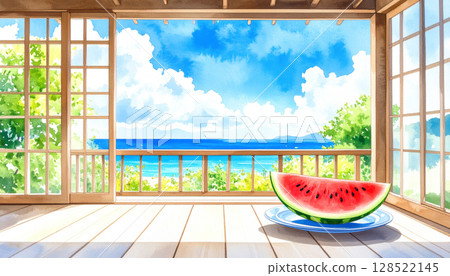 陽台俯瞰大海，漂浮著積雨雲和半紅色西瓜，日本夏季鄉村，水彩風格 128522145