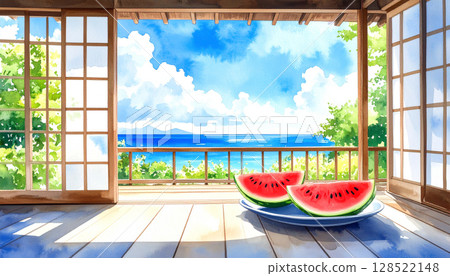 陽台俯瞰大海，漂浮著積雨雲和半紅色西瓜，日本夏季鄉村，水彩風格 128522148