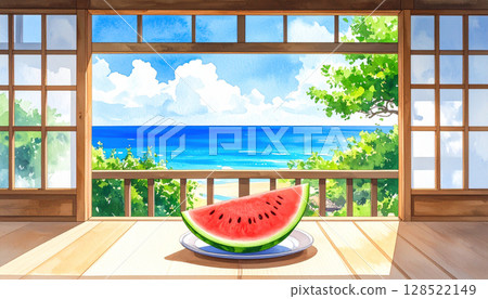 陽台俯瞰大海,漂浮著積雨雲和半紅色西瓜,日本夏季鄉村,水彩風格 陽台俯瞰大海,漂浮著積雨雲和半紅色西瓜,日本夏季鄉村,水彩風格 128522149