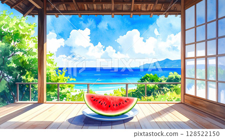 陽台俯瞰大海，漂浮著積雨雲和半紅色西瓜，日本夏季鄉村，水彩風格 128522150