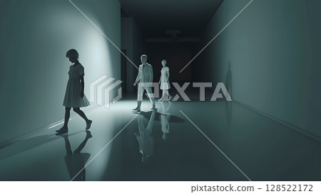 Ethereal figures traverse a long stark corridor with reflections creating surreal ambience exploring themes of isolation and contemporary identity through minimalist composition 128522172