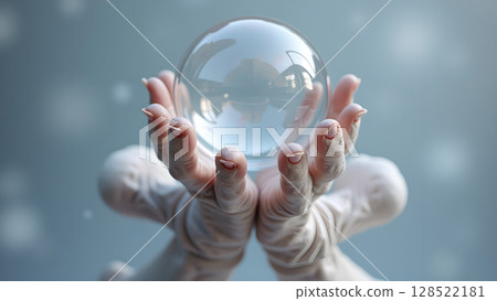 Crystal ball in hands reflecting light symbolizes future forecasting and mystery in a captivating and thought provoking image for modern day seer Crystal ball in hands reflecting light symbolizes future forecasting and mystery in a captivating and thought provoking image for modern day seer 128522181
