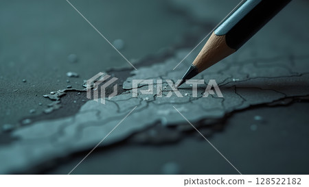 Conceptual artistic representation of geographic exploration and map creation with a pencil drawing cities and contours on a unique gray terrain Conceptual artistic representation of geographic exploration and map creation with a pencil drawing cities and contours on a unique gray terrain 128522182