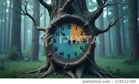 Surreal time depiction nature's rhythm, featuring tree clock representing changing seasons, marking time passing in tranquil forest, timeless scene showcasing intertwining nature time 128522190