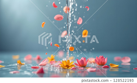 Elegant water cascade over delicate lotus flowers and floating petals creating a serene and calming ambiance for wellbeing and rejuvenation promoting relaxation 128522193