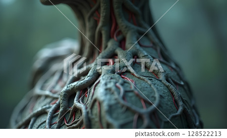 Mystical Entwining: An Abstract Depiction of Interconnected Roots, Conveying Themes of Growth, Nature's Embrace, and Intricate Biological Structures Observed within a Forest Environment Mystical Entwining: An Abstract Depiction of Interconnected Roots, Conveying Themes of Growth, Nature's Embrace, and Intricate Biological Structures Observed within a Forest Environment 128522213