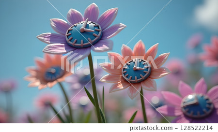 Captivating pastel time flowers blooming in a whimsical field beneath a clear blue sky evoke serenity and tranquility inviting contemplation and reflection on nature's ephemeral beauty Captivating pastel time flowers blooming in a whimsical field beneath a clear blue sky evoke serenity and tranquility inviting contemplation and reflection on nature's ephemeral beauty 128522214