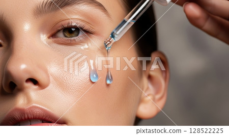 Woman applying serum with a dropper to her radiant, dewy face for skincare 128522225