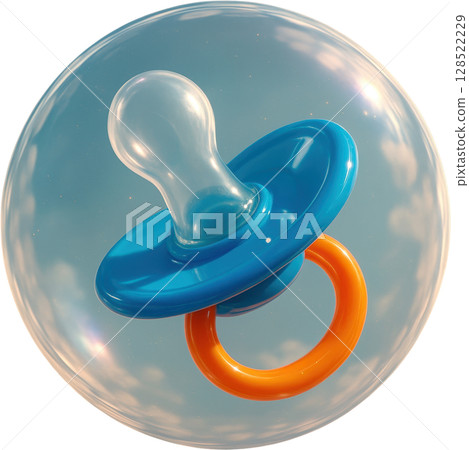 Blue and orange baby pacifier inside a protective transparent bubble 128522229